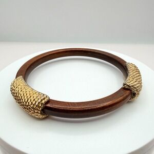Vintage Gold Tone Wood Bangle Bracelet with Textured Rope Accents